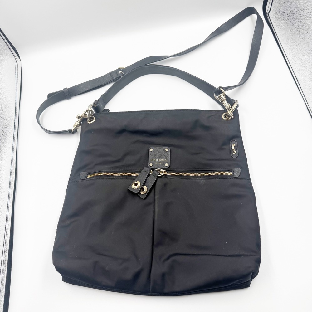 Henri Bendel New York Black Nylon Saffiano Leather Crossbody Bag Gold Hardware